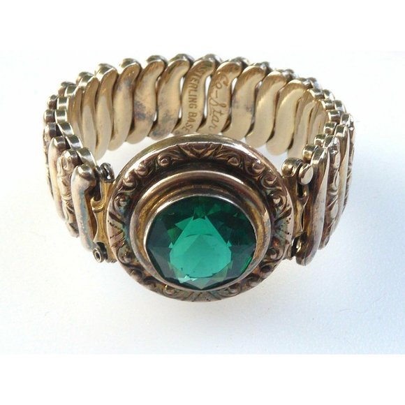 Signed Co-Star Vintage Sterling Base WWII Era Expansion Bracelet Green Crystal